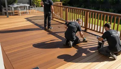 Painters applying weather-resistant deck paint in Redding, CA for wood deck protection