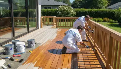 Redding Paint Pros sealing a wood deck in Redding, CA for heat and moisture protection